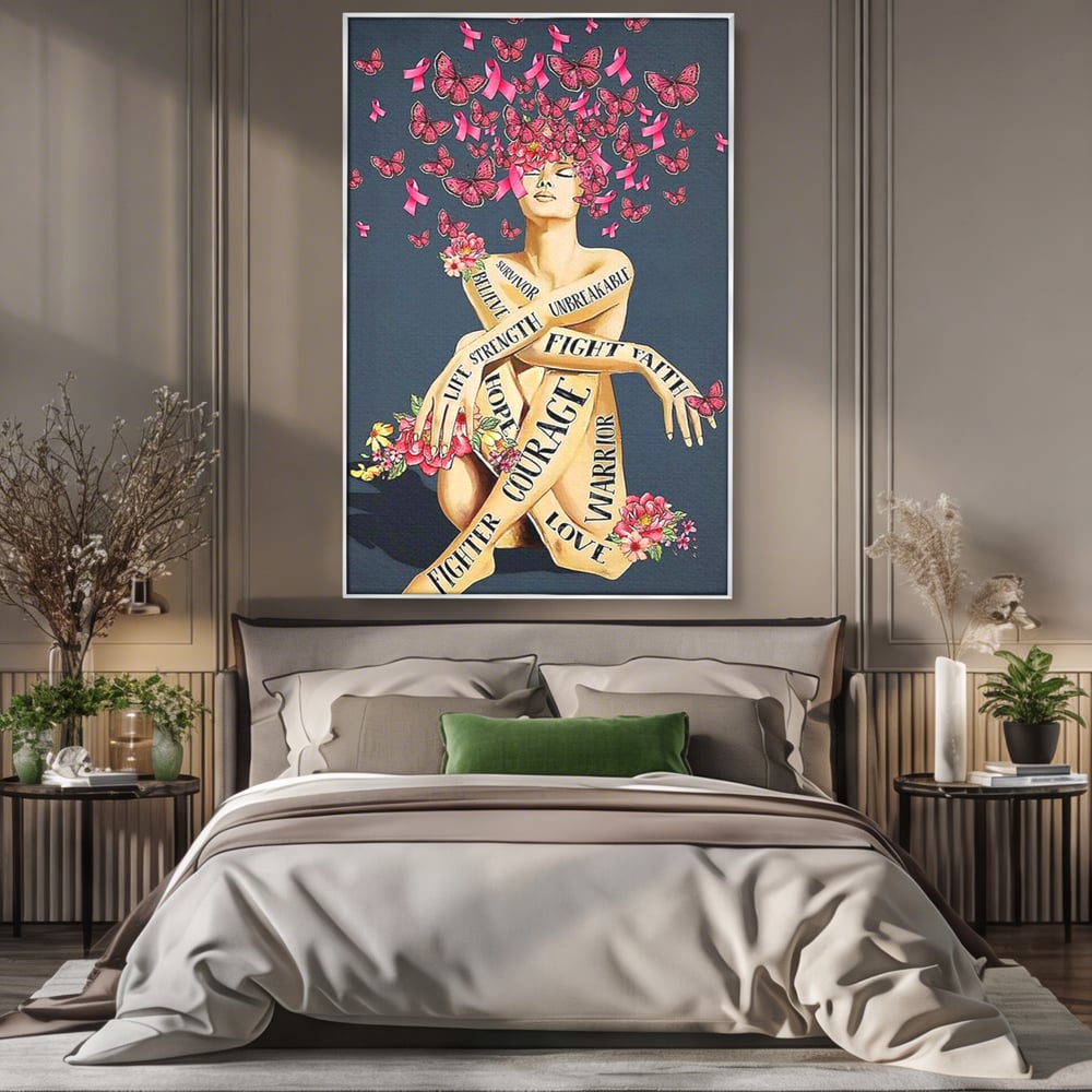 Tablou canvas cu tablou canvas cu portret de femeie si flori, in rama de aluminiu argintiu, pe perete intr-un dormitor